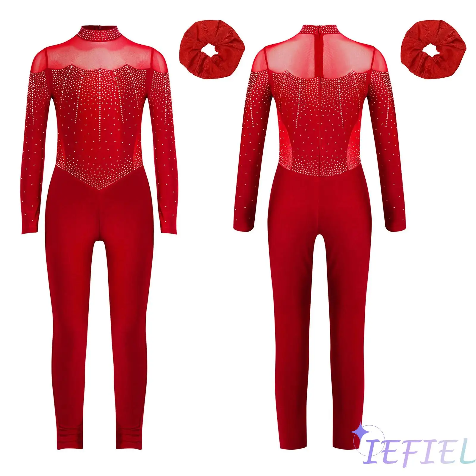 

Kids Girls Lyrical Jazz Dance Outfit Mock Neck Long Sleeve Sheer Mesh Patchwork Shiny Rhinestones Ballet Jumpsuit with Hair Band