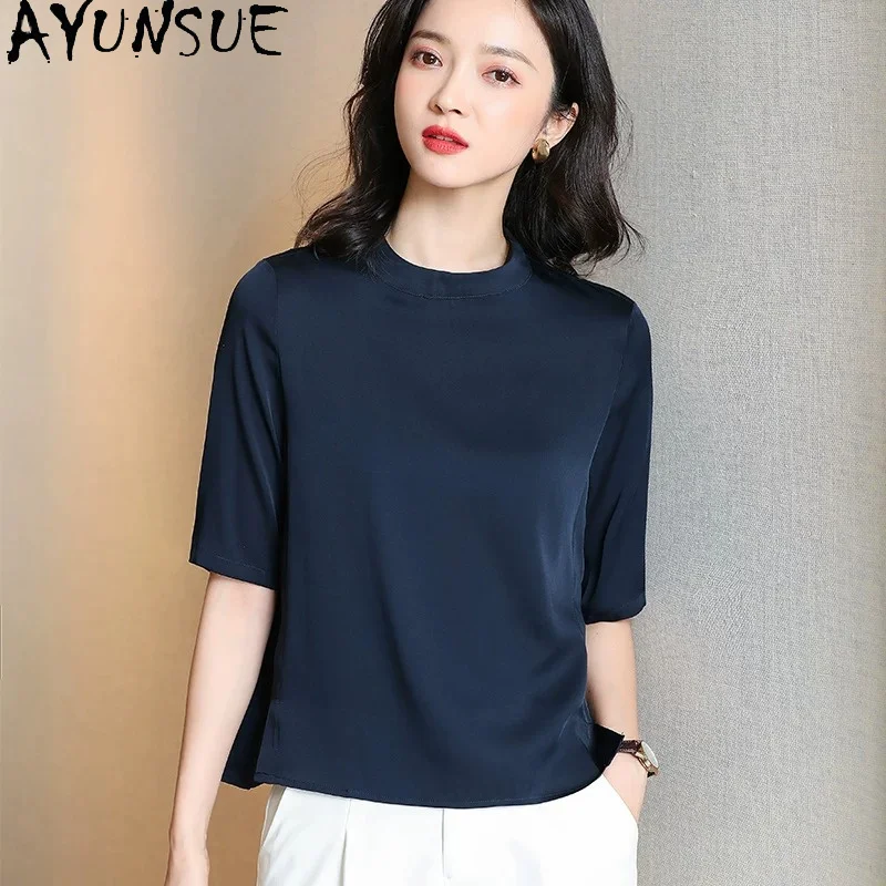 AYUNSUE 91.4% Real Mulberry Silk Women T Shirts Half Sleeved Tops for Women 2026 New Summer Commuting Women Clothing Ropa Mujer