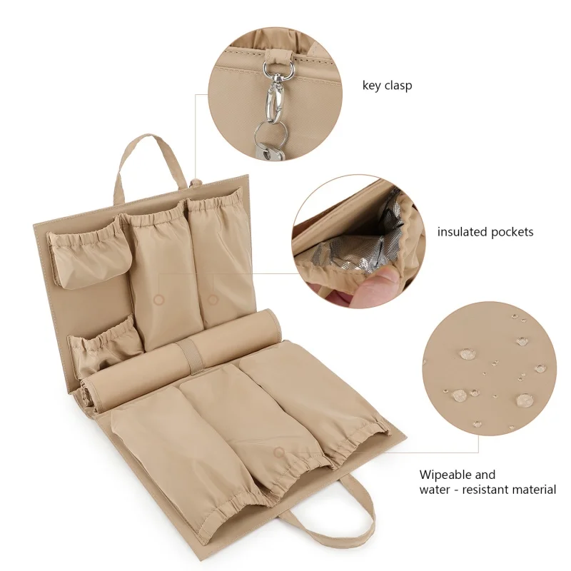Portable multi-pocket organizer for storing and separating baby items. Mommy bag with outdoor milk bottle storage bag.