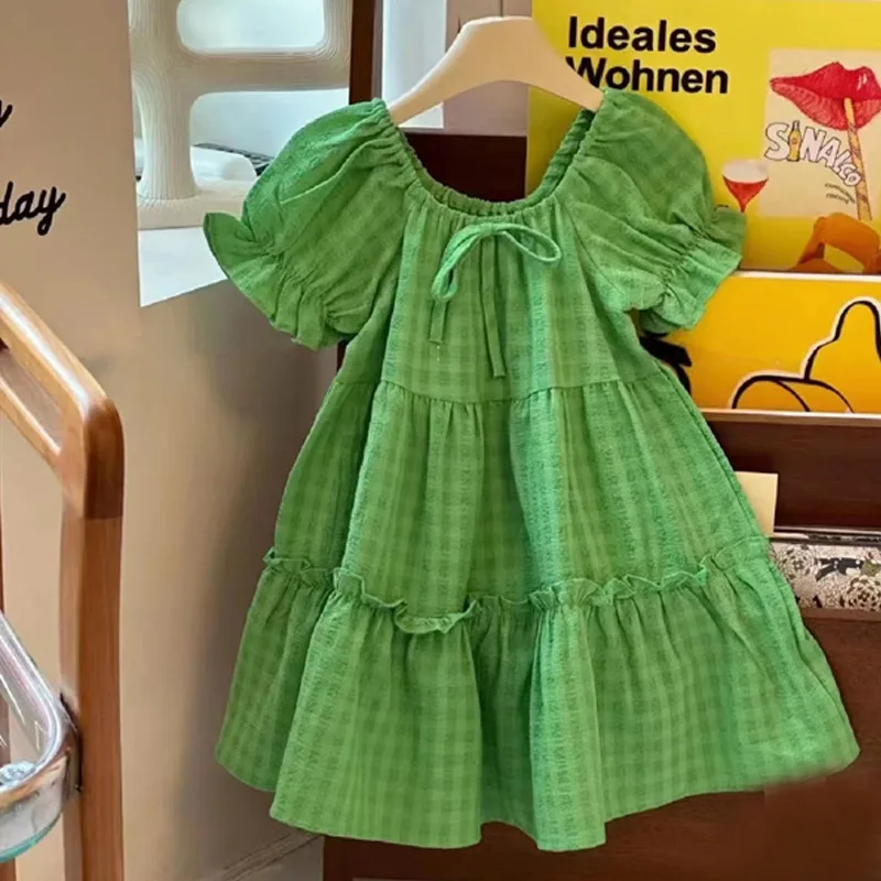 2024 Summer New Fashionable Girls Dress Green Cute Gentle Sweet Childrens Princess Dress Kids Clothes  Summer Dress