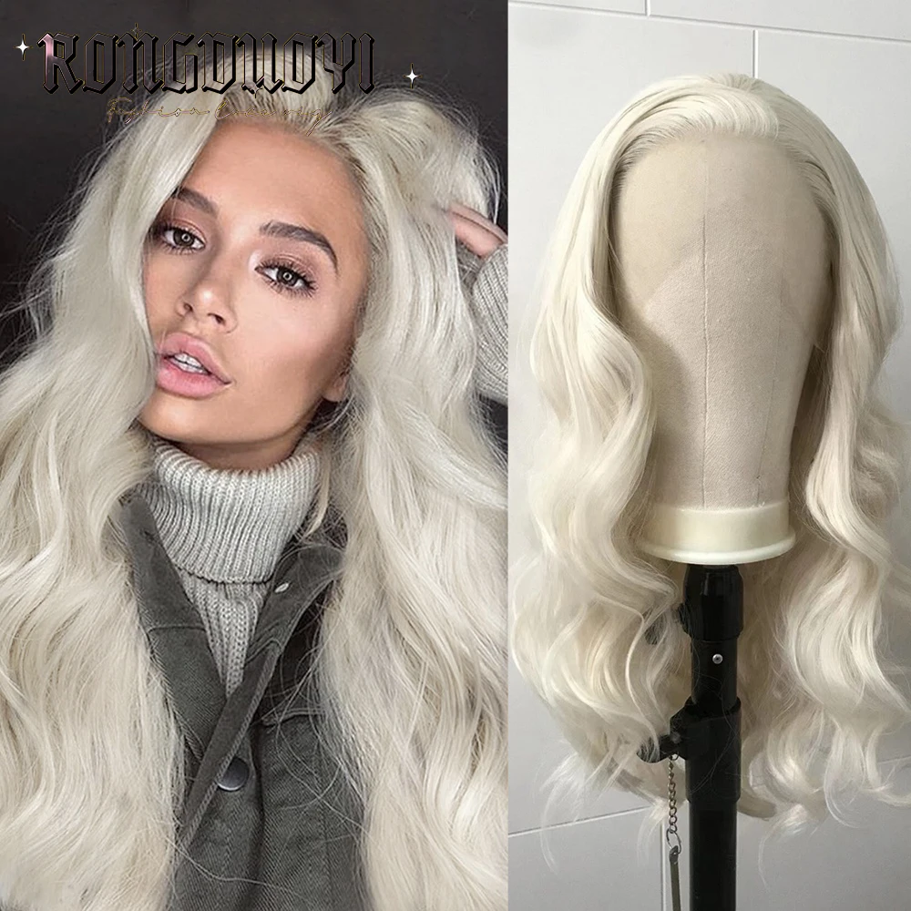 Platinum Blonde Wig Synthetic Hair Lace Front Wig Body Wavy Long Colored White Blonde Frontal Lace Wigs for Women Cosplay Party