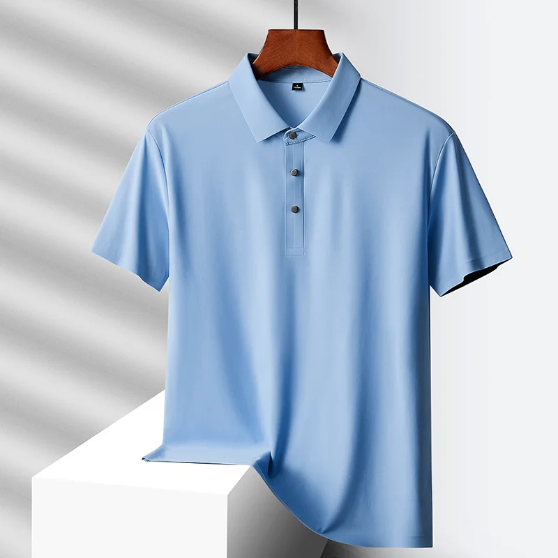 Polo suelto de seda de hielo de secado rápido para hombres de mediana edad, botón de solapa sólido, Top de manga corta Delgado informal Simple y