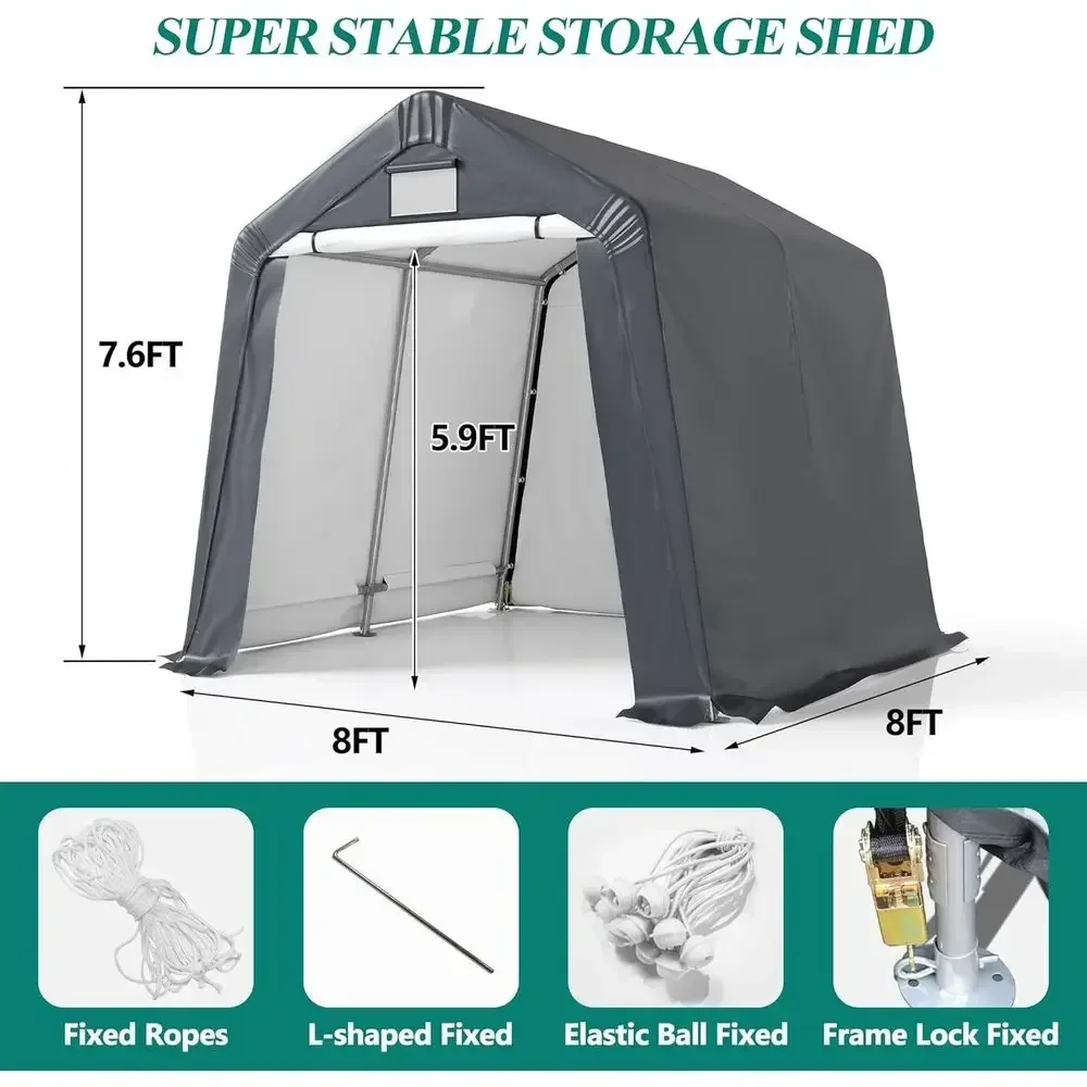 Heavy-Duty Outdoor Storage Shelter - 8x8 Roll-up Window Tent, Portable Garage for Bikes, ATVs, Motorcycles, Gray
