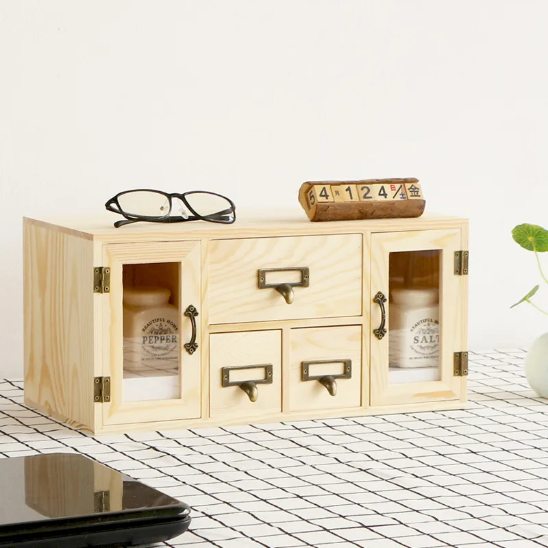 

Creative Desk Solid Wood Storage Cabinet Office Drawer Simple Wooden Partition Jewelry Box with Door Innovative Workspace