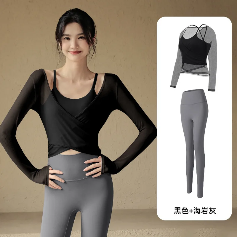 Autumn winter WomenYoga Pilates Fitness Long Sleeve Chest Pad mesh T-Shirt crop Top + leggings elastic pants tracksuit fitness