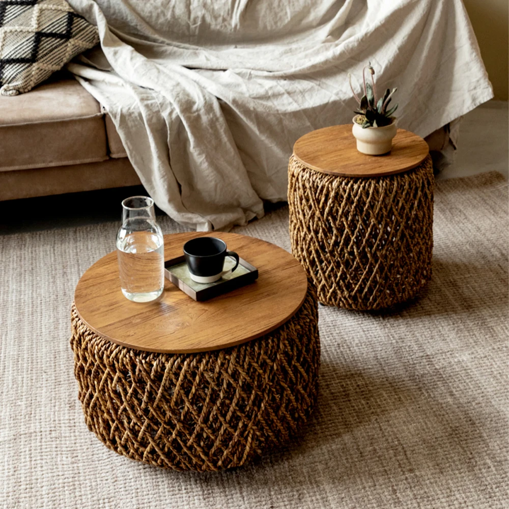 Teak Furniture Rattan Weaving Round Stowable Living Room Home Use Southeast Asian Style Coffee Table Couchtisch Home Furniture