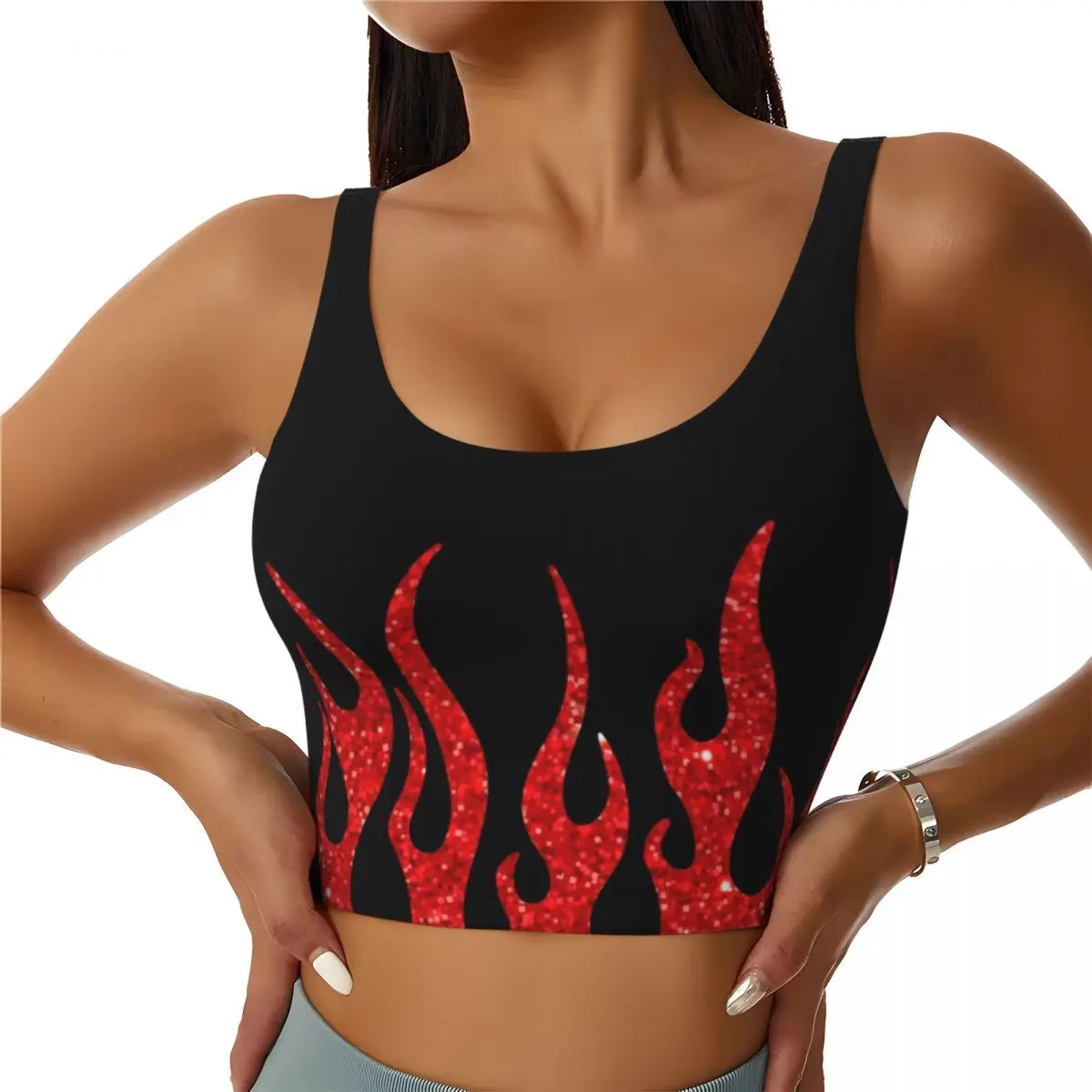 Custom Red Glitter Racing Flames Workout Crop Tank Tops Women Seamless Vintage Burning Fire Yoga Running Sports Bras