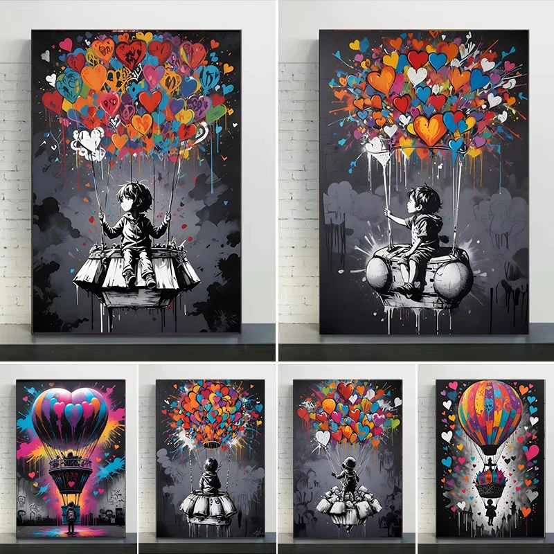 Kinder-Heißluftballon Liebes-Graffiti-Kunstposter Street-Art Leinwandgemälde Cartoon Pop Wandkunst Bild Heimdekoration Kinderzimmer