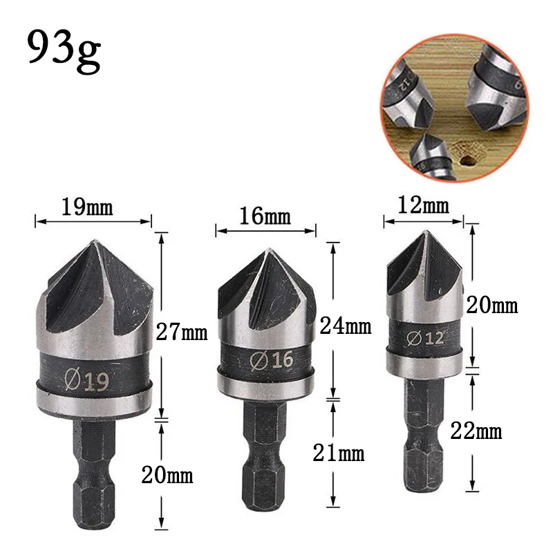 3PC Hexagonal Shank 90 Degree Black Five Blade Chamferer 12/16/19mm Countersink Drill Woodworking Hole Opener Tool Set image 2