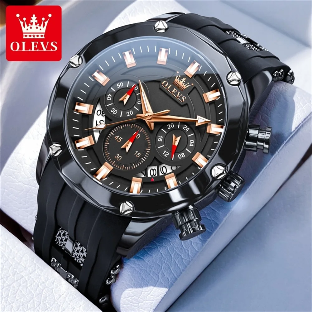 OLEVS 9991 Business Men Quartz Watch Luxury Original Date 45mm Large Dial Chronograph Waterproof Silicone Strap Sports Men Watch