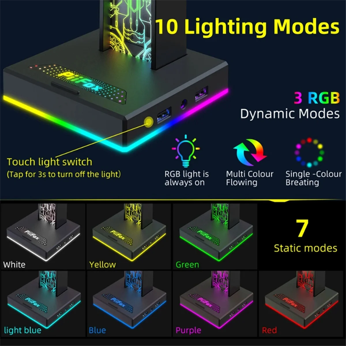 ที่วางชุดหูฟังสําหรับเล่นเกม Piifox RGB ยอดนิยมพร้อมไฟ 10 ดวง อินเทอร์เฟซ USB คู่