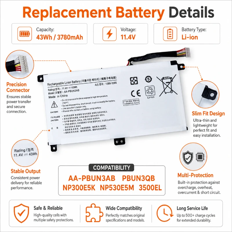 Compatible NP300E5K NP530E5M 3500EL AA-PBUN3AB PBUN3QB 11.4V 43Wh 3780mAh Li-ion Replacement Laptop Battery Pack for Notebook PC