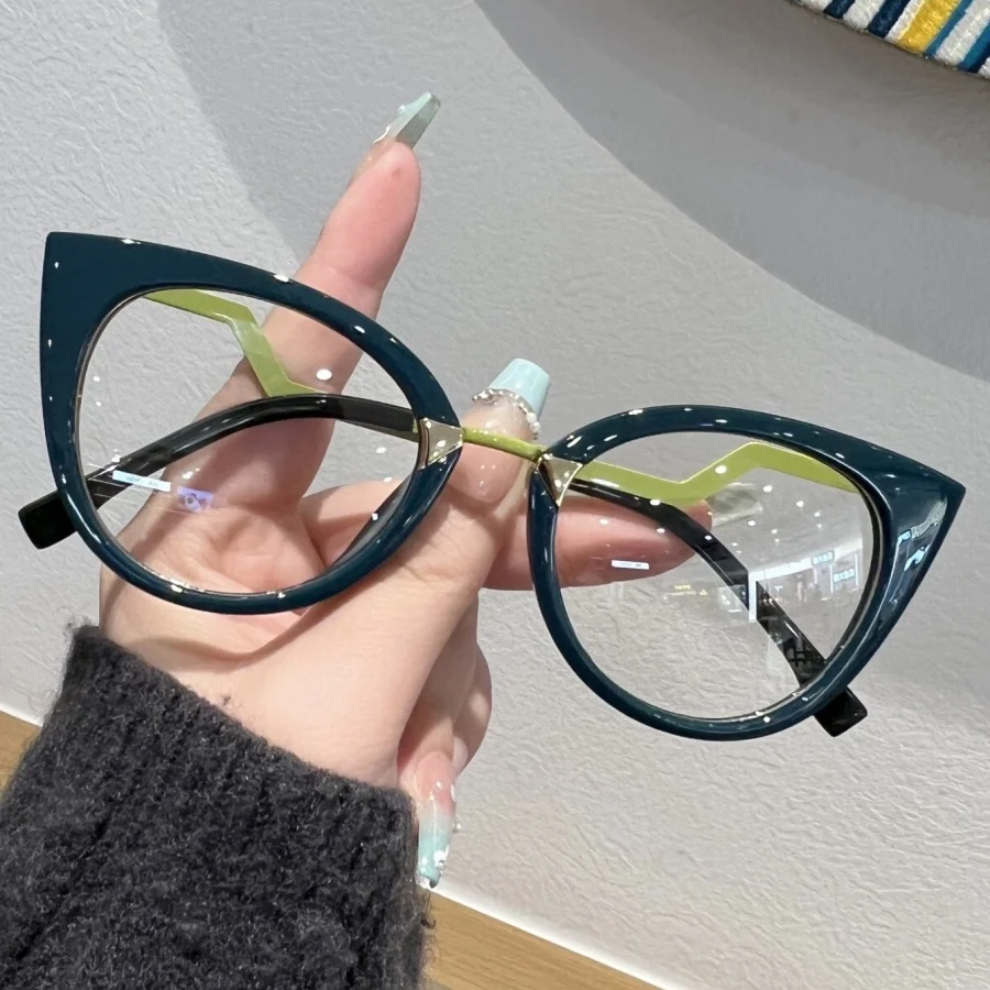 1Pc Unisex Stylish Retro Cat Eye Design, Curved Legs, Flat Glasses, Metal Accessories, Trendy, Retro, Sweet