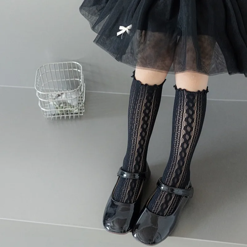 6+ Years Old Kids No‑Heel Knee‑High Socks Korean Style Children Elastic Nylon Mesh Ruffle Frill Socks Lolita Hollow Pile Socks