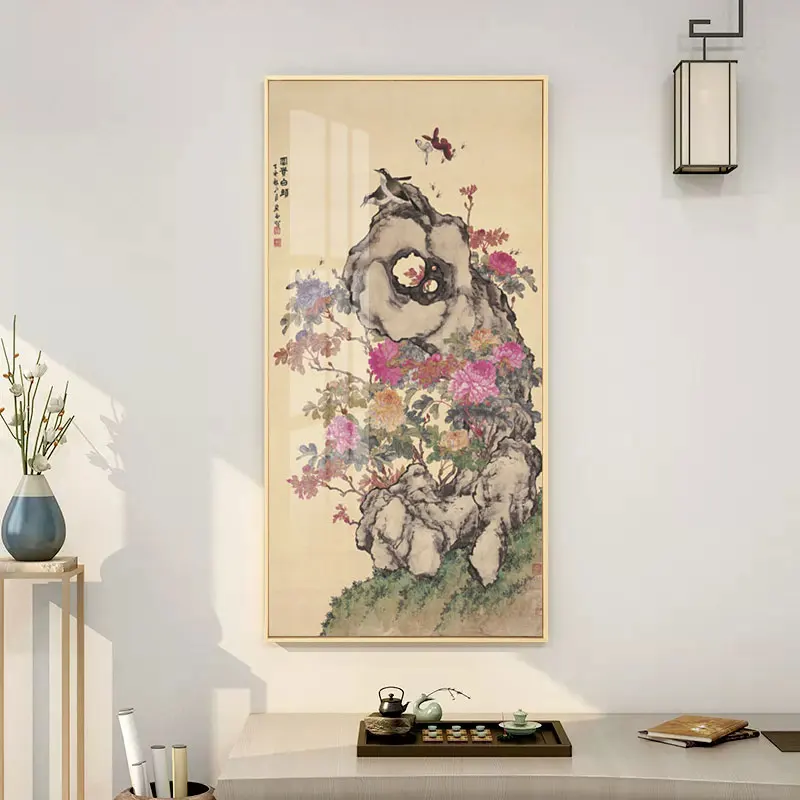 Vintage Chinese Ink Painting Canvas Art Print Painting Poster Of Flowers and stones By Unframed Wall Pictures For Living Room