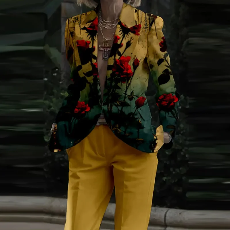

Темпераментные комплекты пальто с длинными рукавами и брюк с цветочным принтом и карманами, осенний новый винтажный наряд, элегантный тонкий костюм, женские комплекты