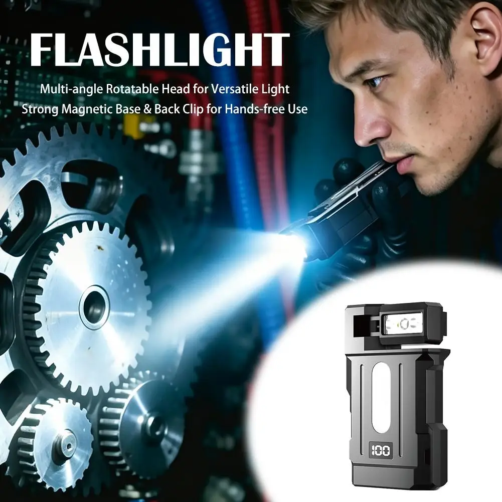 Pocket Work Light Hands-Free Clip-On LED Flashlight with Dual-Axis Rotatable Head Digital Battery Display Magnetic Base
