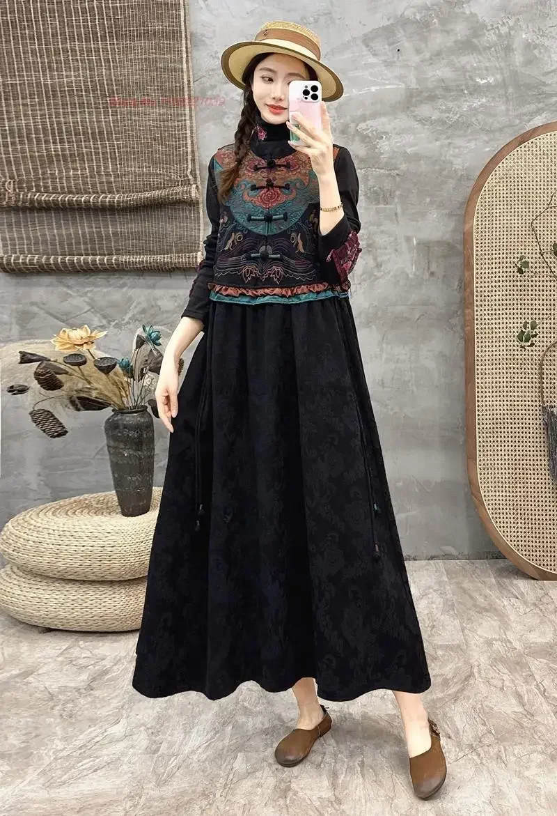 2024 chinese traditional hanfu dress national flower embroidery sleeveless cotton linen dress oriental jacquard folk dress