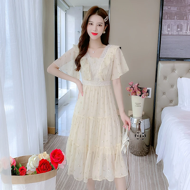 تنورة شيفون مطبوعة بالورود دكتور للسيدات لصيف 2024 بخصر عالٍ لقضاء العطلات على الشاطئ تنورة خرافية للتنقل Sle ort Sve بياقة مربعة #2