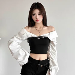 Y2K Slash Neck Shirts Women Streetwear Cropped Patchwork Long Sleeve Blouses Fashion Korean Sexy Off Shoulder Design Crop Tops