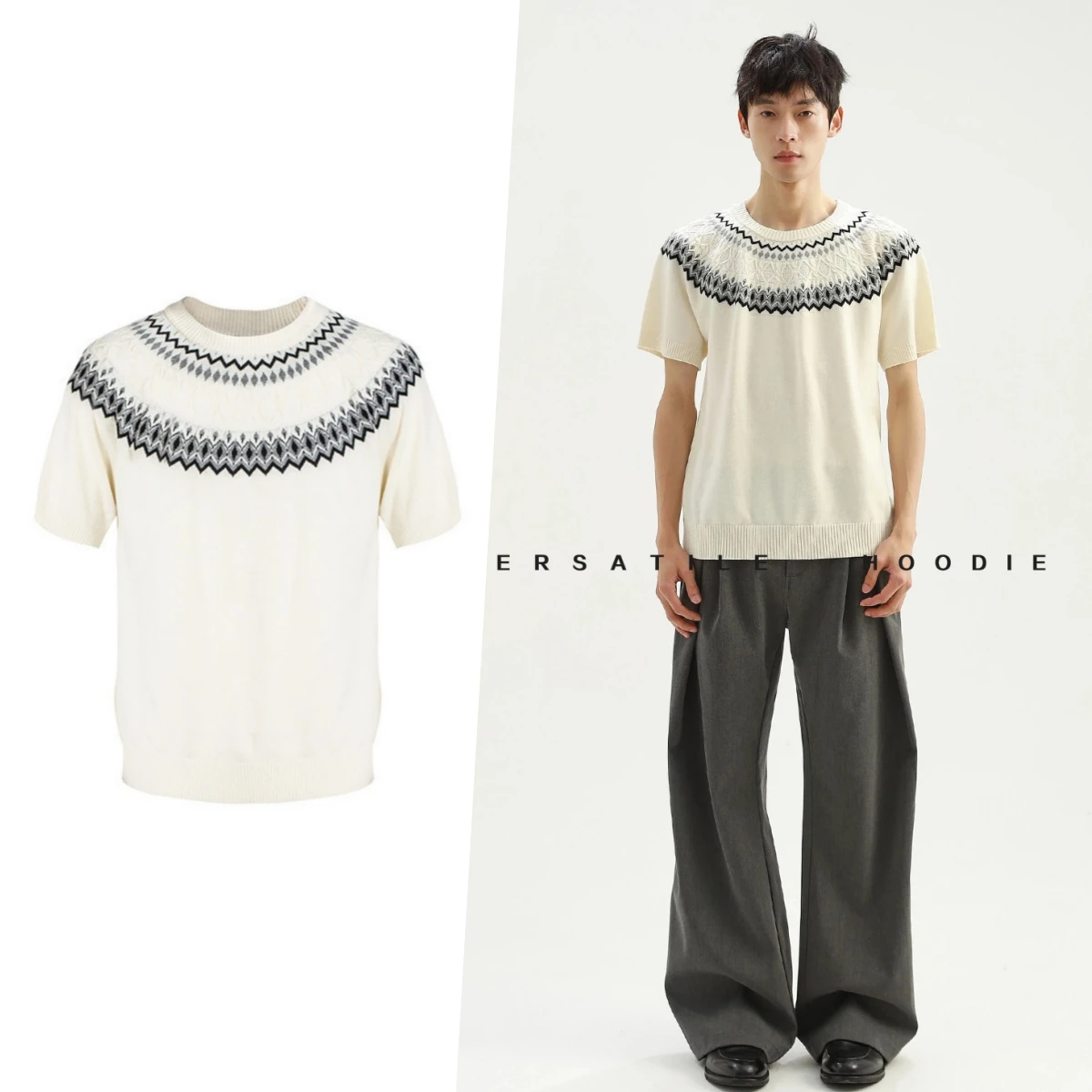 tシャツ Knitted wool blended round neck shoulder short sleeved knitted short sleeved men's clothing male