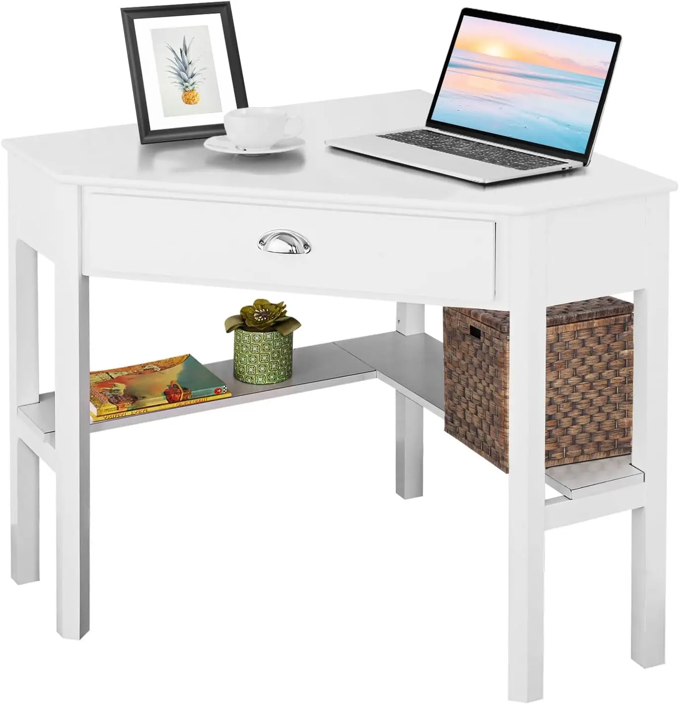 

White Corner Desk, Triangle Makeup Vanity Desk for Small Space, Compact Writing Desk with Storage Shelves & Drawer, Space