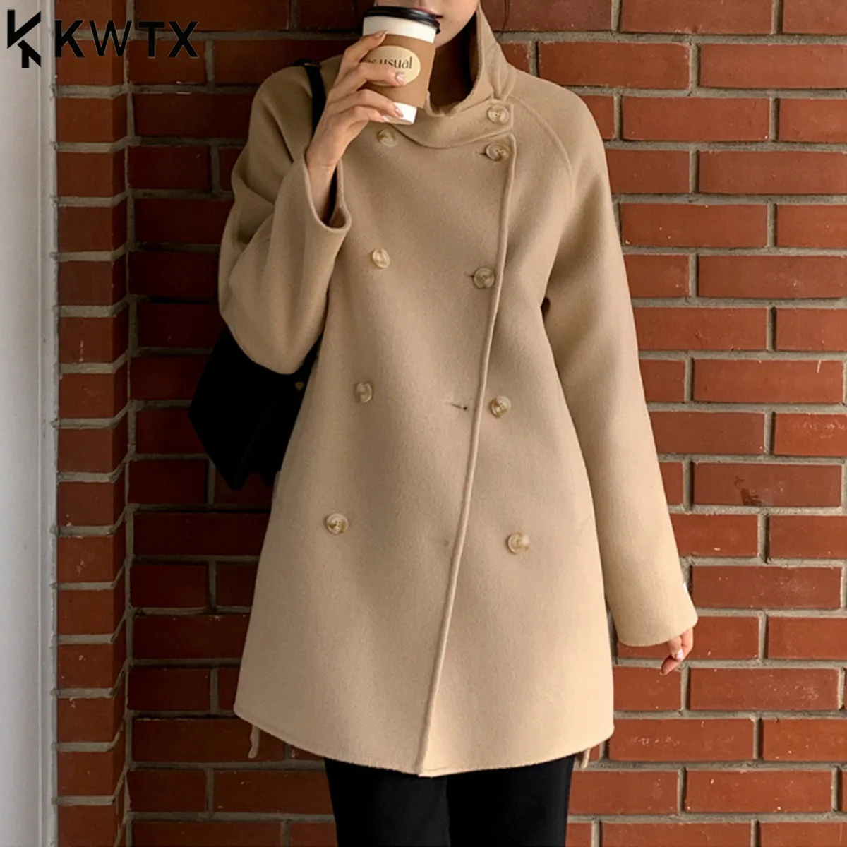 

KWTX женское шерстяное пальто, двубортный плащ, воротник-стойка, пояс с карманами на талии, винтажный элегантный дизайнер, новинка зимы 2023 г.