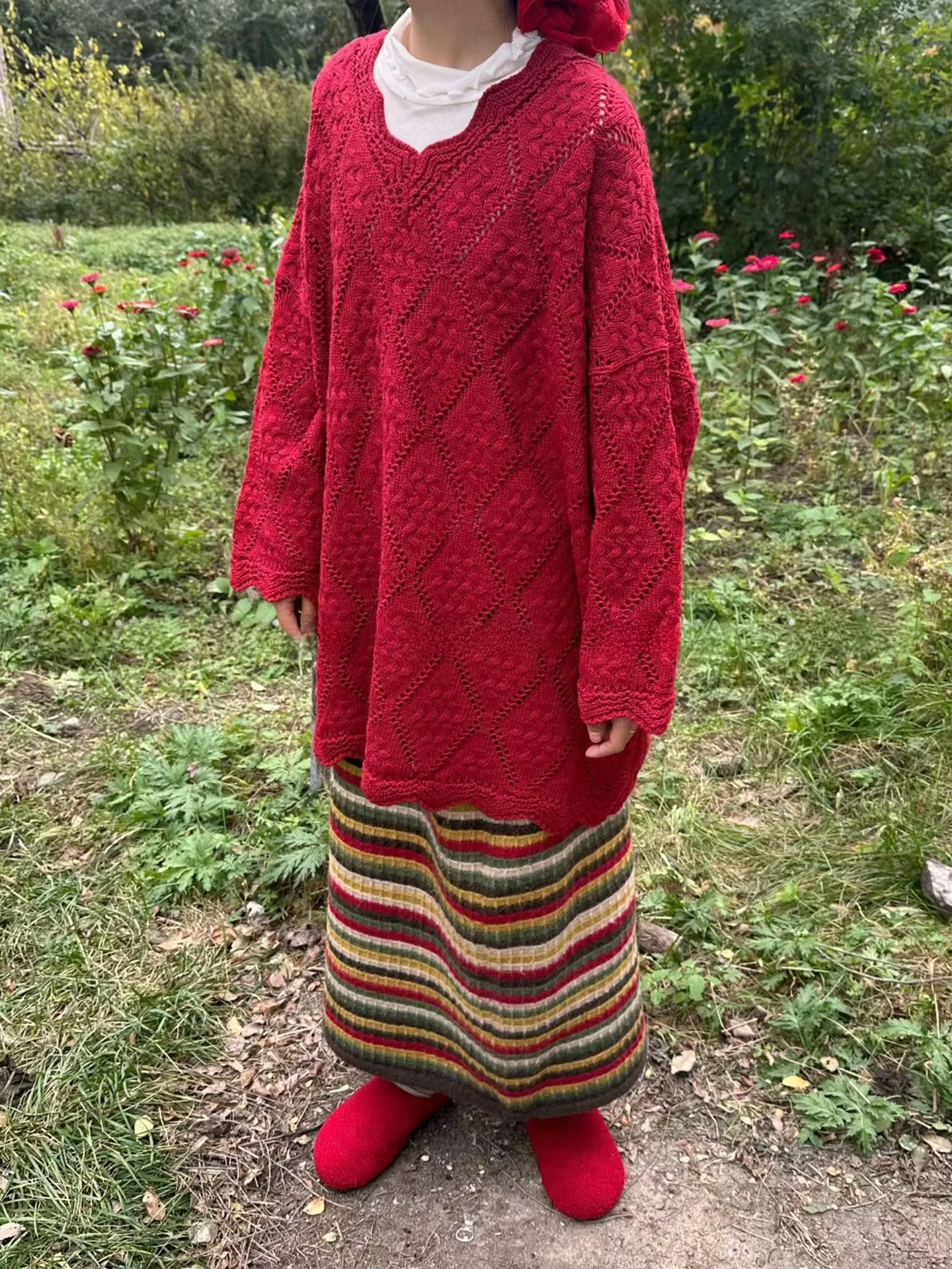 

Ретро зимняя вязаная юбка для женщин больших размеров с радужными полосками, эластичным поясом, миди-длина, для фигуры типа «груша»