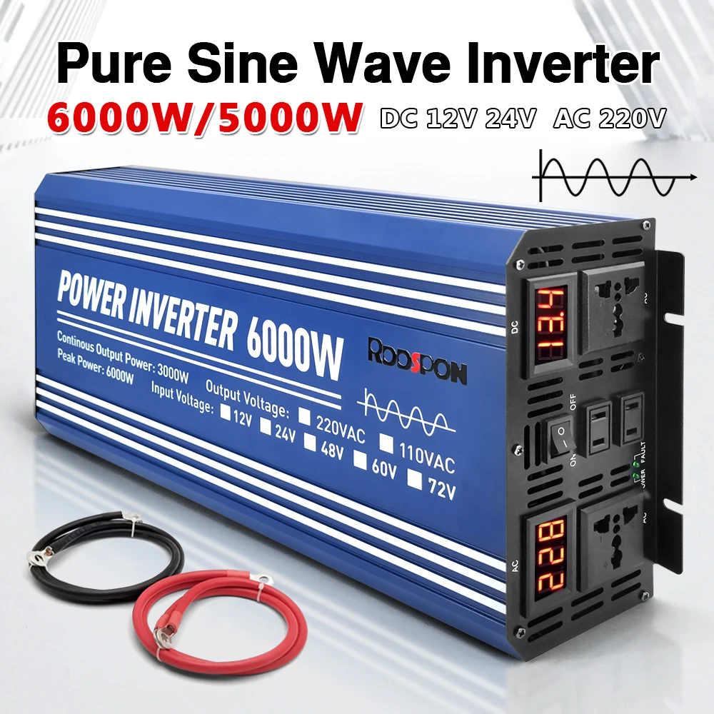 

Pure Sine Wave Inverter 6000W 5000W Power Inverter DC 12V 24V To AC 220V Transformer with USB with LED Display for RV Phone Car