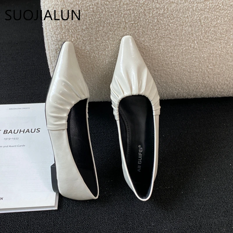 SUOJIALUN 2024 Spring New Women Flat Shoes Fashion Pleated Pointed Toe Ladies Ballerinas Shoes Flat Heel Shallow Slip On Ballet