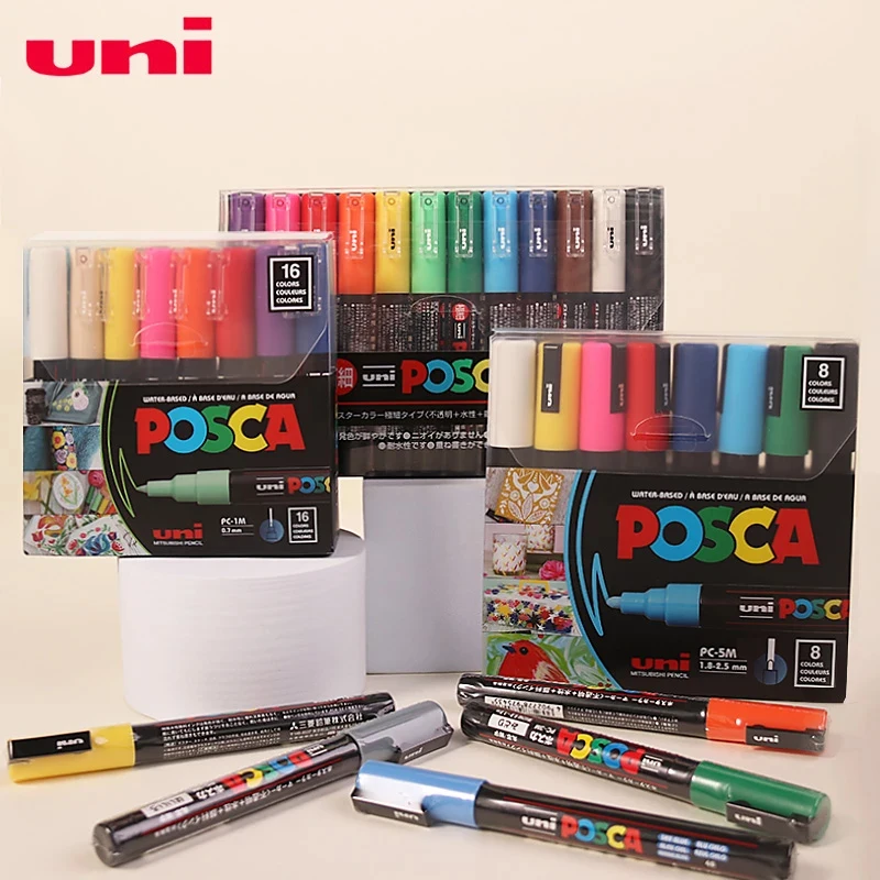 UNI Plumones POSCA Markers Series PC-1M/3M/5M/8K/17K Stationery Painting Graffiti POP Poster Advertising Marker Pen Color Set