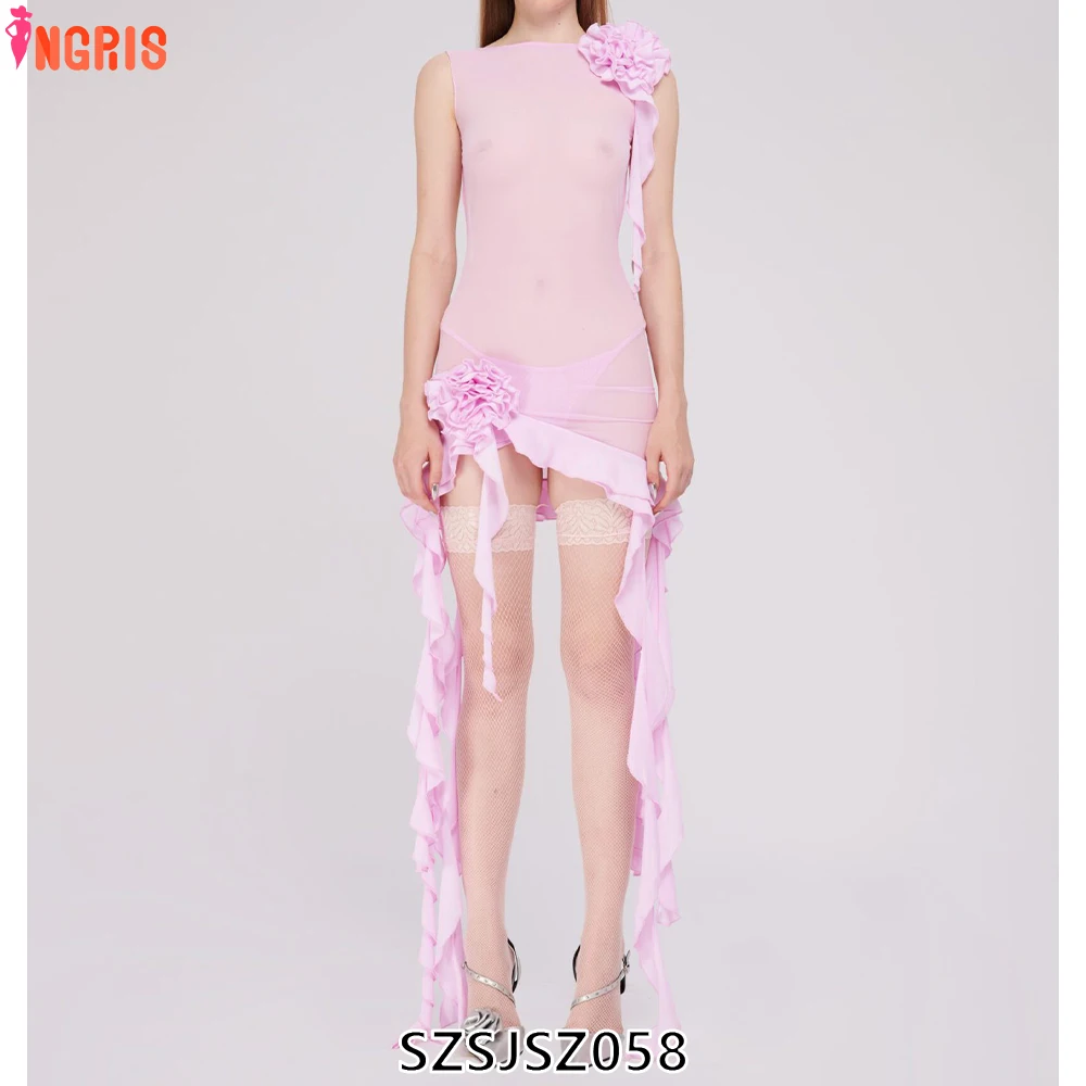 

Star Women Mesh See-through Sexy Club Applique Sleeveless Round Neck Bandage Bodycon Mini Dress Birthday Party-SZSJSZ058