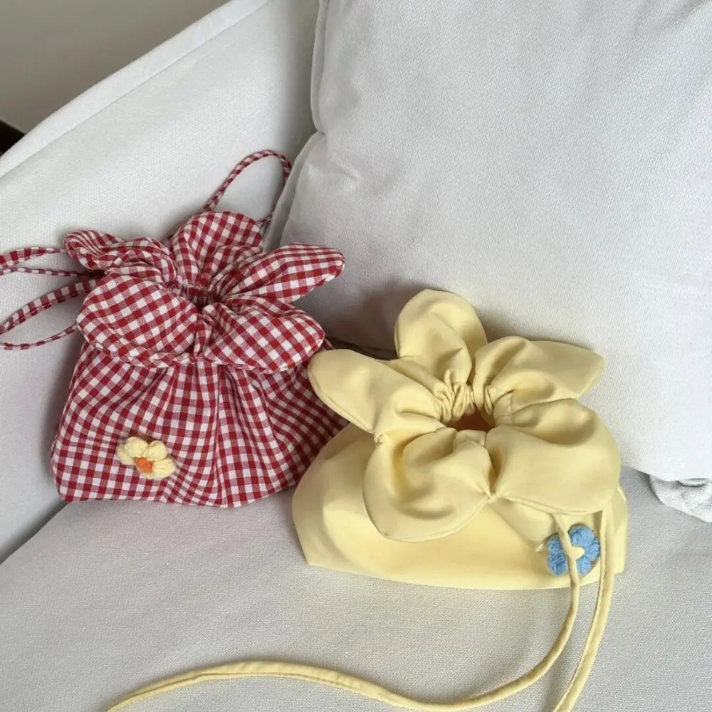 Literarischen Koreanischen Stil Plaid Kordelzug Tasche Druck Nette Blume Handtasche Große Kapazität Tragbare Kleine Umhängetasche Urlaub
