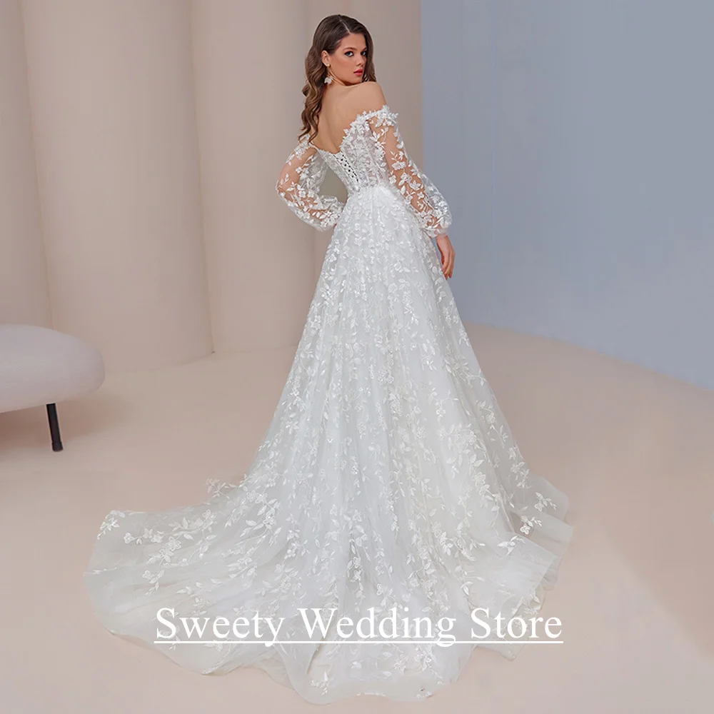 فساتين زفاف دانتيل رائعة مخصصة بأكمام منتفخة ورقبة على شكل V سويب تراين تول لامع مشد فستان زفاف للعروس