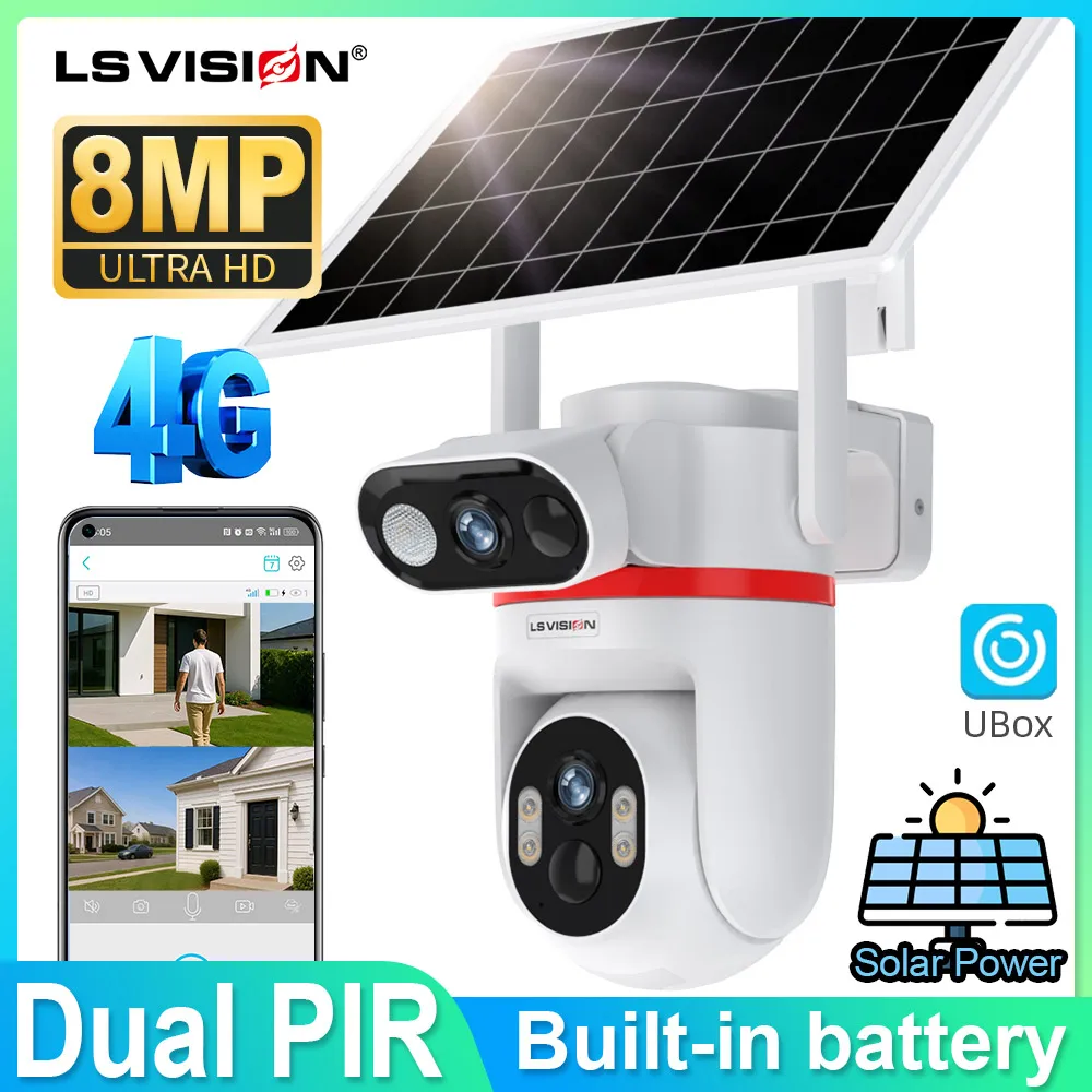 

LS VISION Dual Screens 4G Solar Camera Outdoor 4K 8MP Dual PIR Detection Two-Way Audio Human Ai Tracking Surveillance Cameras