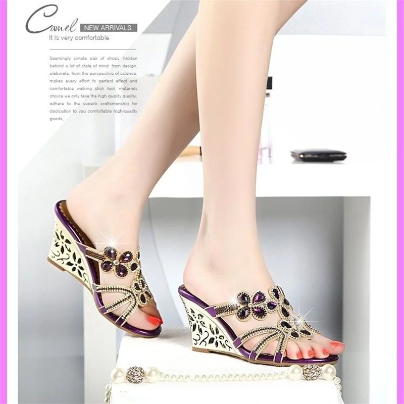 New Sexy Fashion Shoes Elegant Rhinestone Floral Design Wedge Slippers Genuine Leather Crystal Wedges Woman Sandals