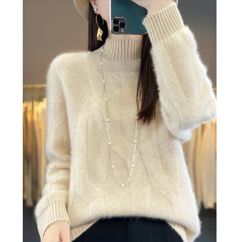 Women's pullovers fall/winter high-quality soft 100% merino wool sweater with half high neck and thick cashmere sweater top.