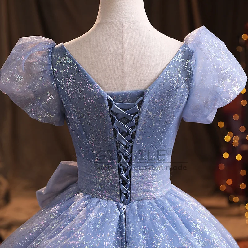 GIYSILE カスタムメイド 宴会用イブニングドレス 2025年新作 リボン付きVネック 春 ブルー 気質 エレガント プリンセス ふわふわスカート バブルスリーブ