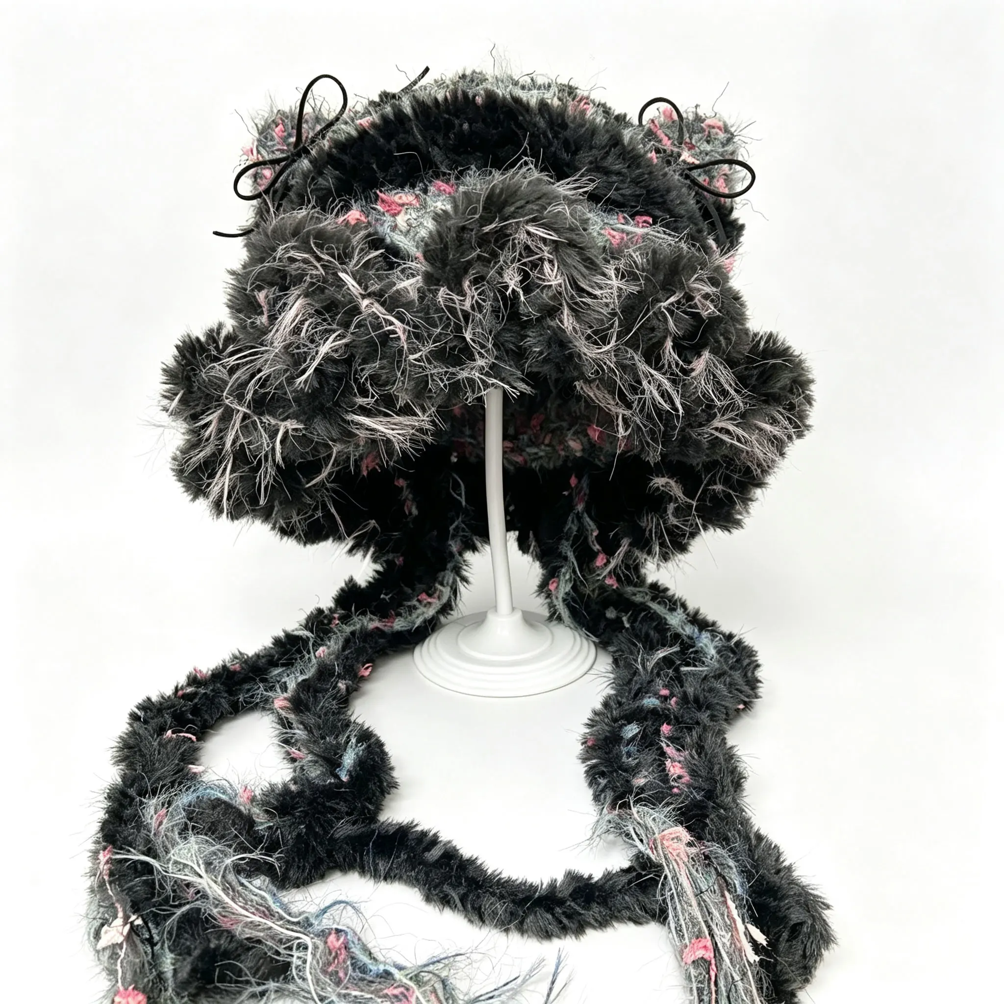 Handmade Black Grey Striped Cat Ear Hat Women Fuzzy Custom Crochet Floral Knit Beanie Girl Winter Warm Gothic Lolita Casual Cap