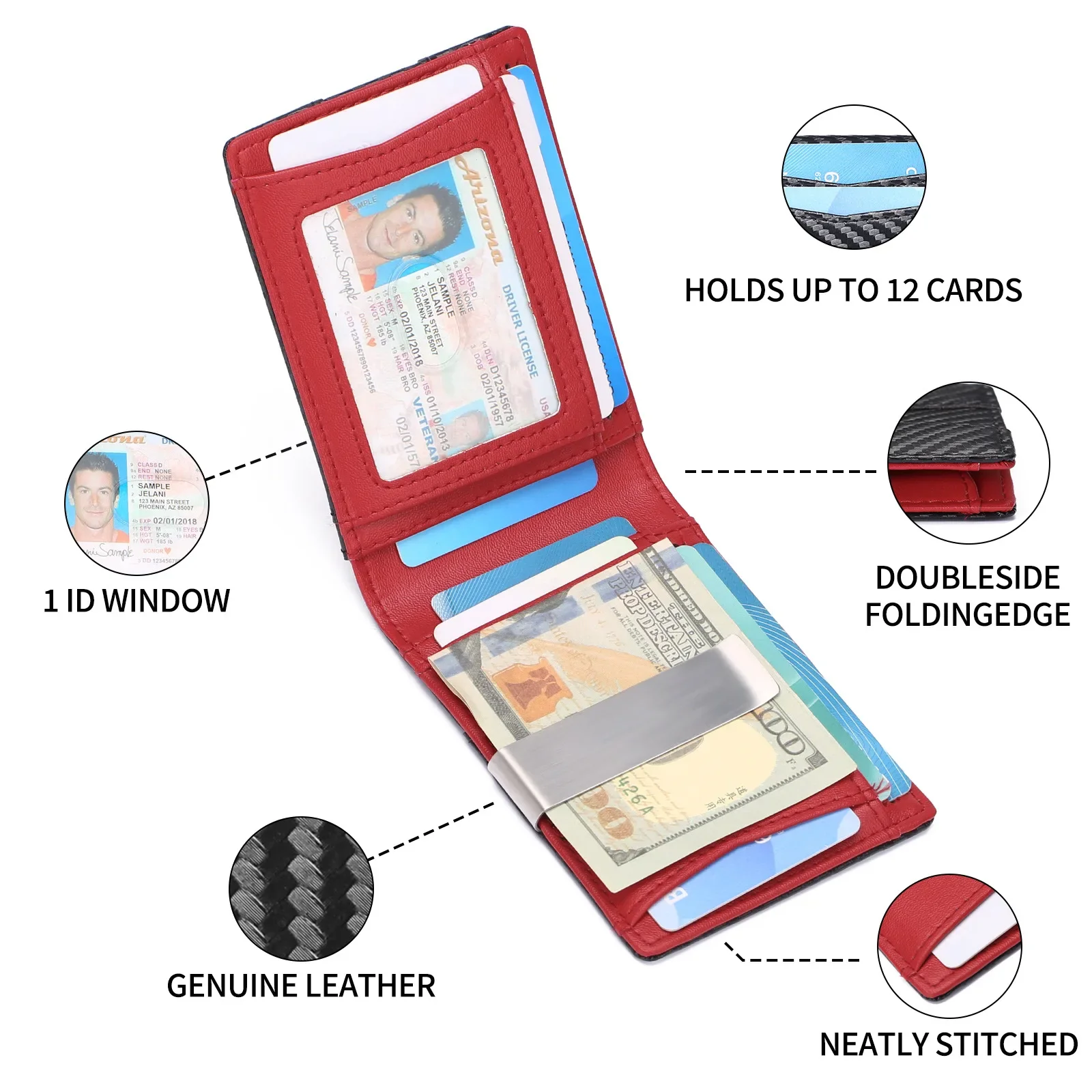 男性用カーボンファイバー財布、RFIDブロッキング機能付きマネークリップ財布、短い合成皮革IDクレジットカードホルダーケース、ミニマリスト