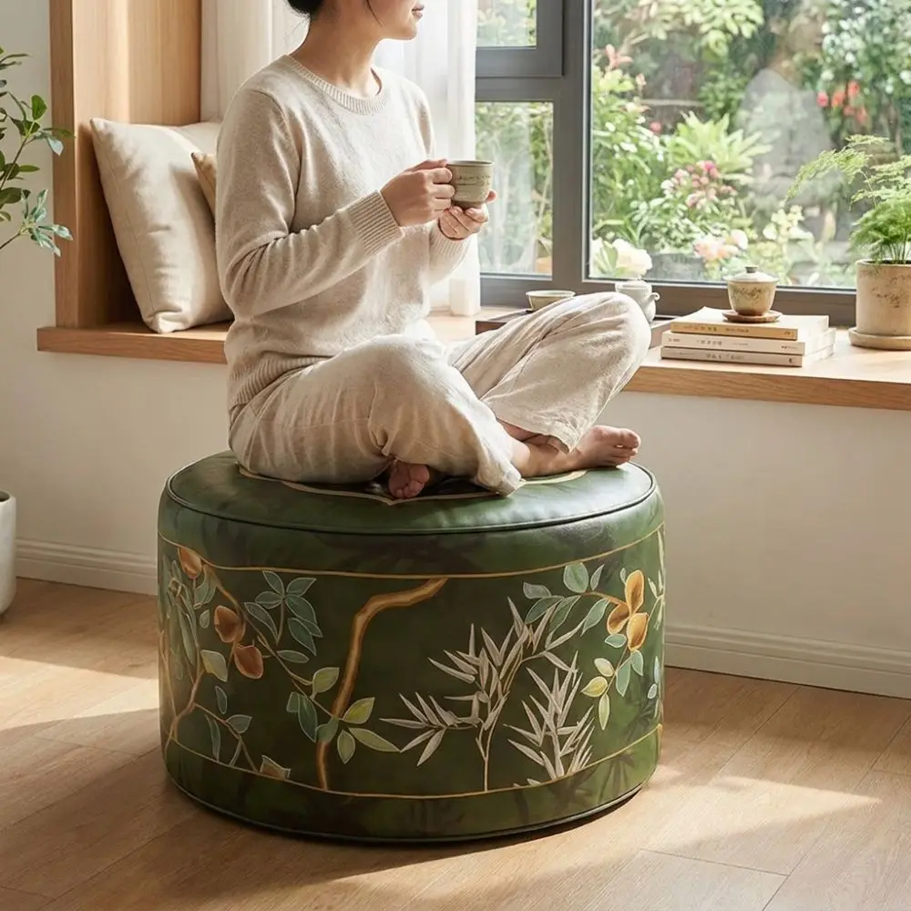 PU Leather Footstool Cover Waterproof Bohemian Style Sofa Stool Cover Round Large Capacity Pouf Cover Living Room