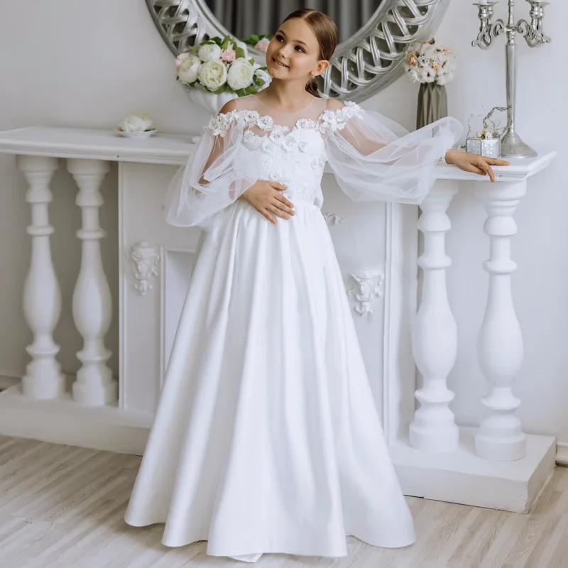 

Flower Girl Dresses White Satin Appliques With Bow Long Sleeve For Wedding Birthday Party First Communion Gowns