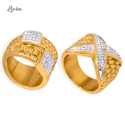 Liora Golden 316L Stainless Steel Rings For Women Geometric Stripes Square Rhinestone Female Rings Fashion Jewelry Gifts