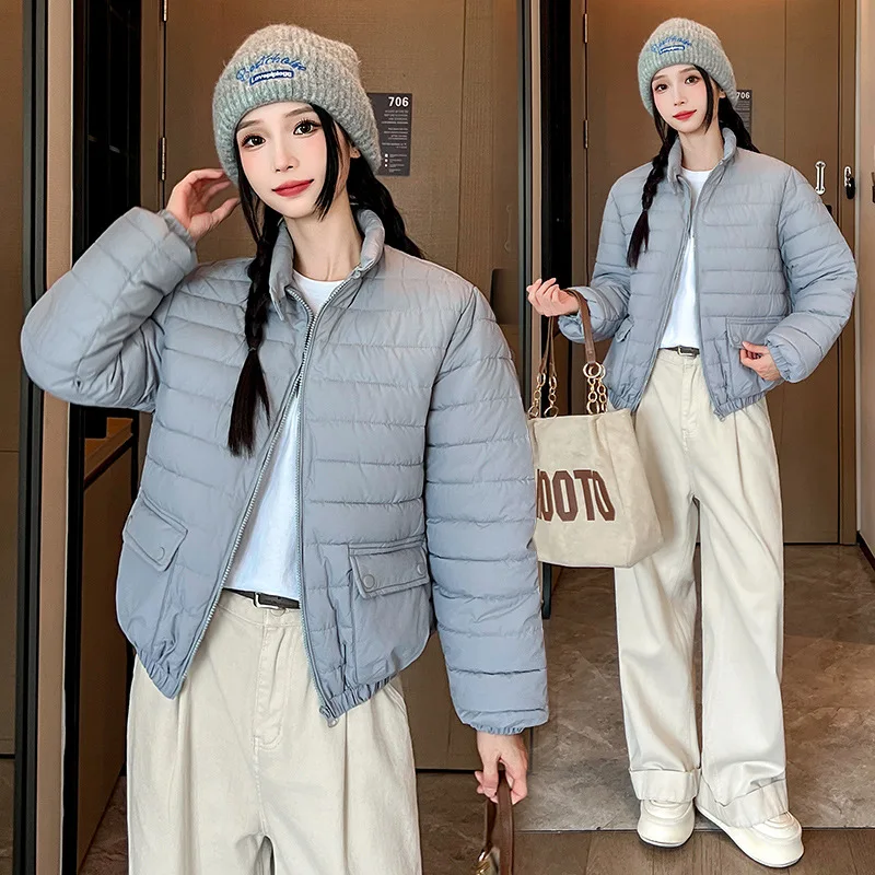 

Autumn Winter New Light Down Ccotton Padded Jacket Female Short Coats Waist Korean Long Sleeve Stand-up Collar Casual Outwear