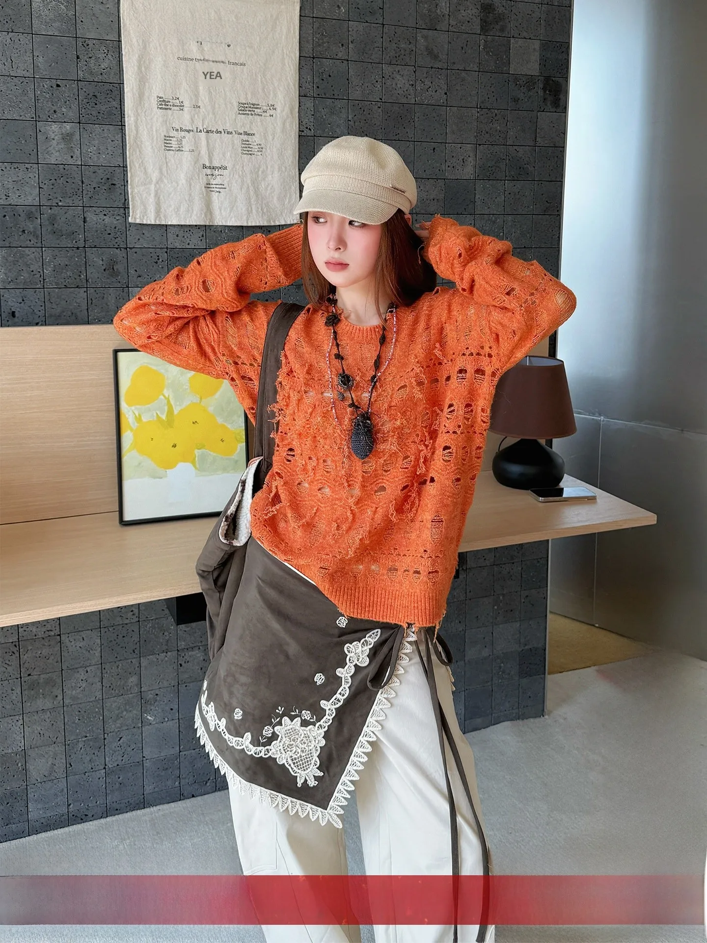 

Brand Fringed Hole Sweater ELLE ARTISTE Women's Casual Sle Long Sve round Ne Knitted Wool Blend Sweater