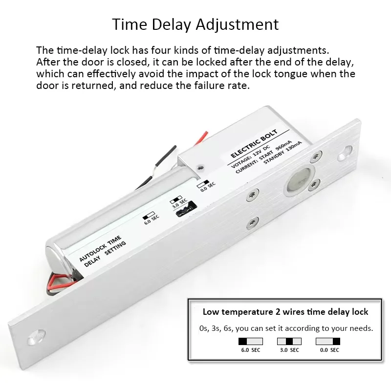 DC12V Fail Safe Electric Bolt Lock Low Temperature Drop Electronic Mortise Door Locks with Time Delay for Access Control System