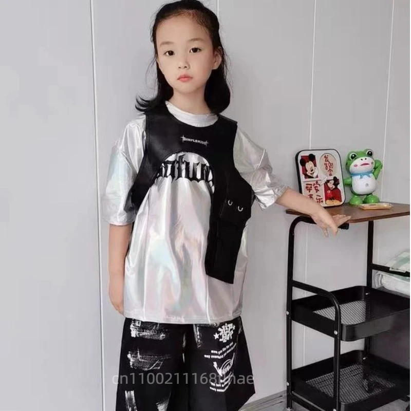 Costume da spettacolo di danza hip-hop e di strada per bambini, set di gilet per ragazzi, costume con paillettes argento per bambini, danza jazz per ragazzi