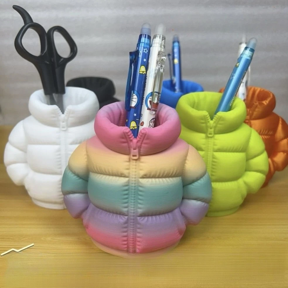 Novelty 3D Printed Cute Mini Down Jacket Shaped Pen Holder Cute Unique Desktop Storage Organizer for Stationery & Small Items