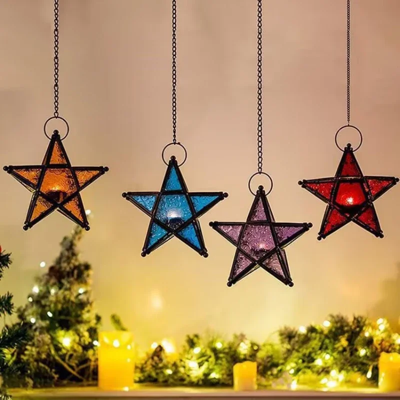Nordic Retro Iron Art Colored Glass Wind Lamp Windproof Glass Candle Holder Hanging Five Pointed Star Candlestick Garden Decor