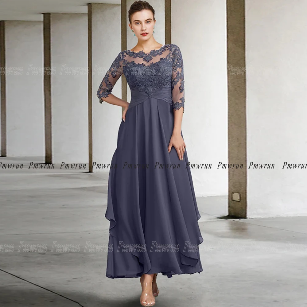 

Elegant Dress Women For Wedding Party With Sleeves Ankle Length Applique Custom Chiffon Formal Guest Gown Vestido Madrina